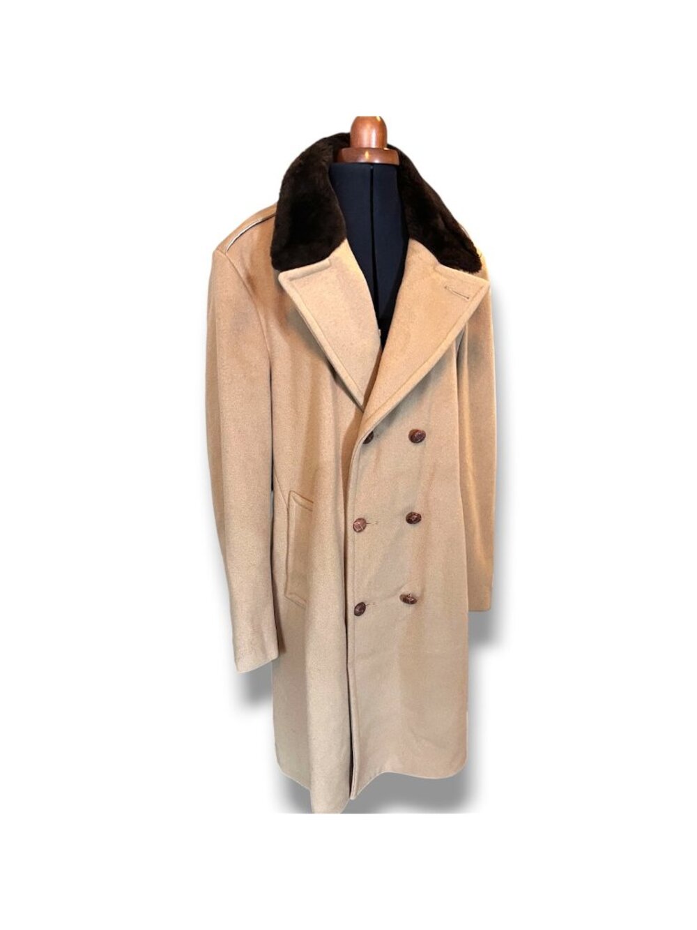 Vintage Great Western Wool Coat W/ Faux Fur Collar Size 44L Tan Double-Breasted
